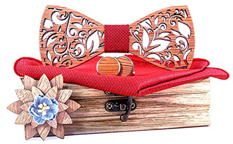Noeud Papillon en Bois, Ensemble de 4 Pièces Broche et Carré de Poche, Fait Main, Accessoire Mode