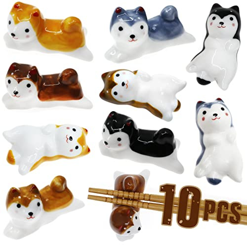 5 Stück niedliche Glückskatzen-Essstäbchenhalter, japanischer Stil, Keramik, Katzen-Essstäbchen-Ablage, Set für Abendessen, Löffel, Ständer, Messer, Gabelhalter (Hund)