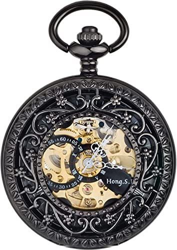 Klassisch geformte Taschenuhr Armbanduhren Taschenuhr, Vintage Automatisch Mechanische Retro Flip Cover Gravur Hohl Paar Hängende Uhr Pullover Kette Klassisch (Farbe: Gold) (Silber) (Farbe: Schwarz)
