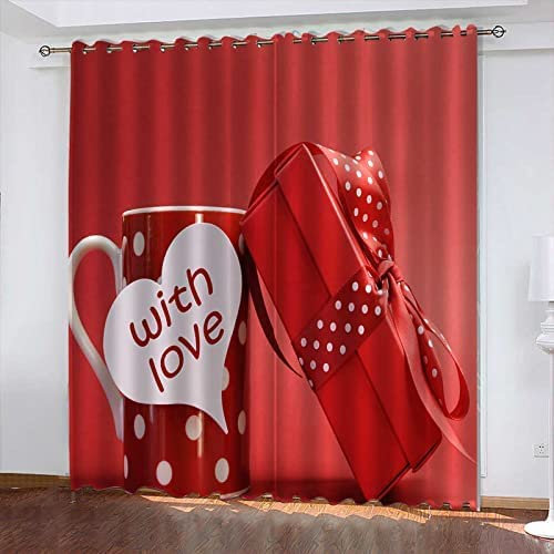 Vorhang Blickdicht Gardinen Mit Ösen - 2 Stücke 170 (B) X 200 (H) cm Verdunklungsvorhänge 3D Geschenkbox Mit Rotem Herz Muster Thermovorhang Für Schlafzimmer Wohnzimmer Weihnachtsgardinen