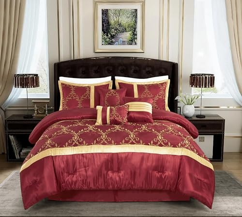 Chezmoi Collection Martha 7-Piece Floral Vine Embroidered Comforter Set Queen Size - Burgundy/Gold Faux Silk Comforter Soft Lightweight Breathable Bedding