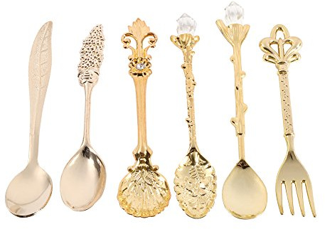 Ezweiji Spoon Set Vintage Löffel Gabel Set, 6 Stück Coffee Spoon Familiengeschirr Set Retro Royal Style Gold Silber Farbe Antik Metall Besteck Set Kaffee Dessert Löffel Teelöffel (Gold)