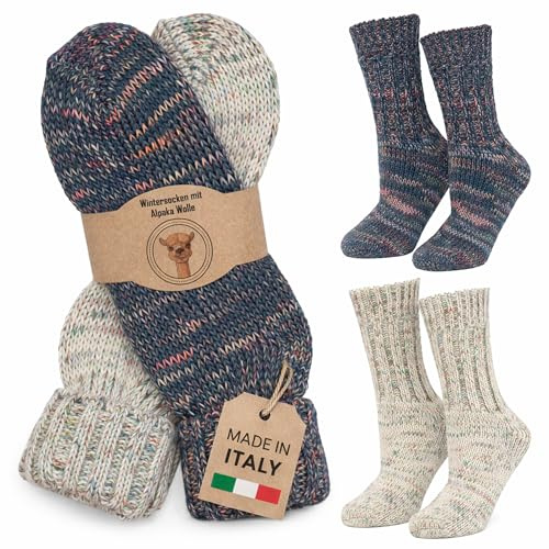 MOUNTREX Alpaca socks, wool socks for women, men, warm winter socks, knitted socks with cuff, 2 pairs, Ecru/Blue, 37-41