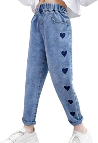 Pantalon Jean Enfant Fille 2-12 Ans Love Chic Pas Cher Ample Pantalons en Denim Enfant Fille Taille élastique Printemps Hiver Confortable Chic Pas Cher Casual Sport Jogging