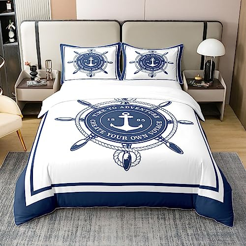 Homemissing Ancre Volant 100% Cotone Copripiumino 220x240cm Tema Nautico Set Biancheria da Letto Decorativo Marina Avventura Set Parure da Letto Oceano Set Letto Camera Set Biancheria da Letto 3 Pezzi