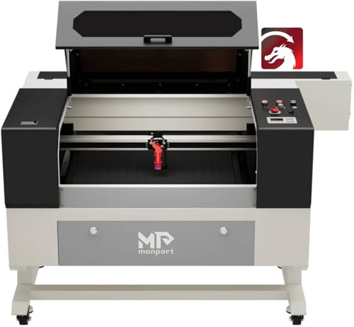 Monport 100W CO2 Laser Graviermaschine&Cutter, Kommerzieller Lasergravierer mit Doppeltem Arbeitstisch,Rollen,PassThrough zum Gravieren großer Projekte, Autofokus 700x500mm CO2 Laser für Metall Holz