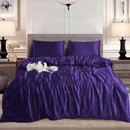 Hadi London Slik Satin Duvet Cover Sets - Luxurious Bedding with Zip Fastening - Soft and Breathable Quilt Cover with 2 Pillowcases - Available in Single, Double, and King Sizes (AUBERGINE, DOUBLE)
