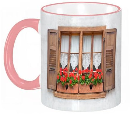 YOIUE Tasse aus Keramik - Große 11oz Tassen 330ml Kaffeetassen mit Henkel, 100% Handbemalt - Trinkgläser mit Griff - Weiß,Druck alter europäischer Fenster mit Fensterläden und Blumen T.