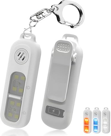 NEWZEROL USB C-Aufladung 2 IN 1 Lauflampe Clip mit Taschenalarm 130 dB Sound für Kinder, Frauen und Senioren Selbstverteidigung Schlüsselanhänger und Lauftlicht – Weiß