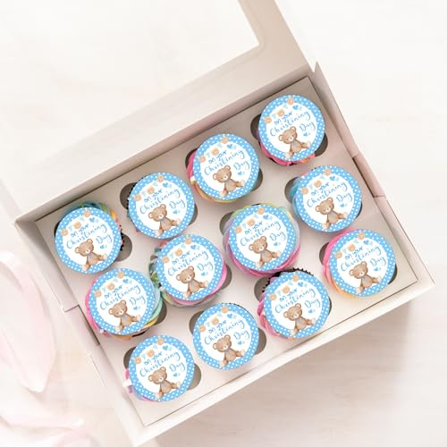 24 x Pre-Cut Christening Baptism Baby Blue Theme Edible Wafer Rice Paper Cupcake Toppers Cake Decorations