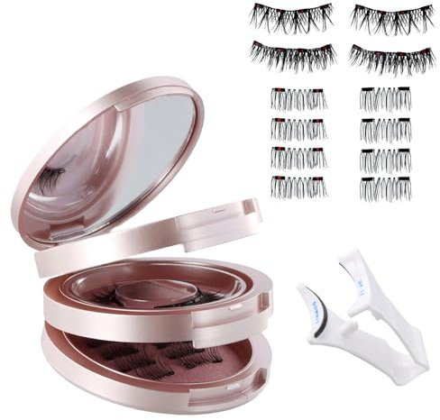 Cils Magnétiques, 4 Paires de Cils Magnétiques 3D Réutilisables Kit, Naturel Fluffy, Imperméables, Aucune Colle Requise, pour le Maquillage, un Rendez-vous, une Fête (Rose, 4 Paires)