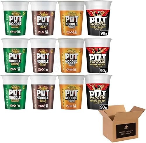 Instant Pot Noodles | Beef & Tomato, Chicken & Mushroom, Original Curry & Bombay Bad Boy | Quick & Easy Ready Meal Snack Pots | Cup Noodles Variety - 90g (Assorted Case of 12, Multipack 90g)