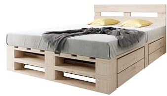 Lermowood Palettenbett M2 aus Holz 180 x 200 cm Natur mit Kopfteil und 2 Bettkästen Holzbett 40cm Stabiles Seniorenbett Kinderbett Jugendbett Gästebett erhöhtes Bettgestell Futon Komforthöhe Naturholz