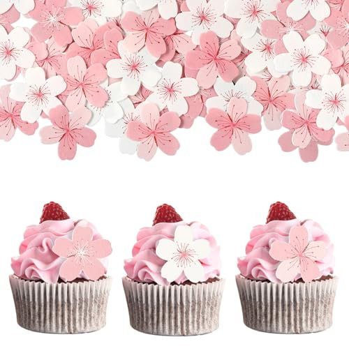 60PCS Edible Flowers for Cakes & Cupcakes, Cherry Blossom Edible Cake Decorations, Wafer Rice Paper Cake Decorations Flowers for Wedding Birthday Party Food Dessert Supplies