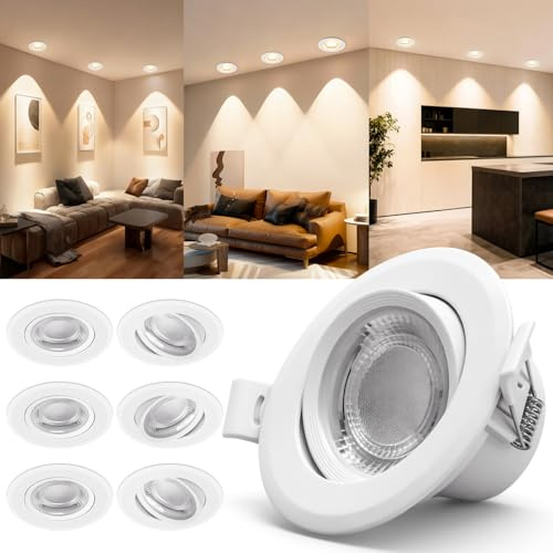 Aigostar Downlight LED Techo Empotrable 5W 370LM 3000K 70-75mm 6uds | Ángulo Rotable 30°/ Equivalente a Halógena 53W/ CRI>80/ carcasa PBT ignífuga/ AC 220-240V sin transformador/ Blanco Neutro