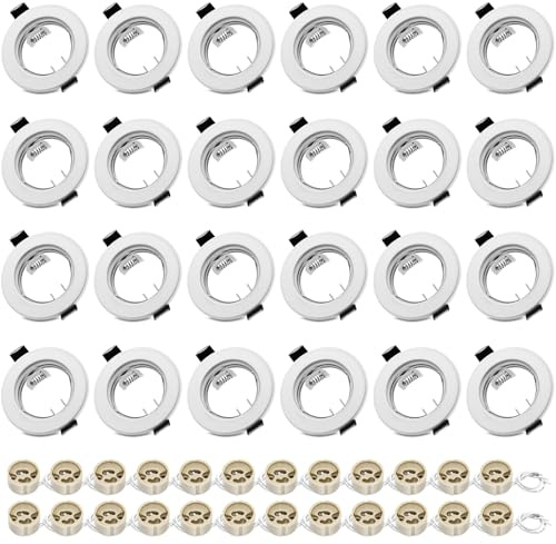 Round White Recessed Ceiling Downlight Frames with GU10 Sockets, 55-70mm Cut-Out Hole Size, Compatible with LED & Halogen Bulbs, Mounting Frame for Spotlight Fixtures (Bulbs Excluded) - 24 Pack