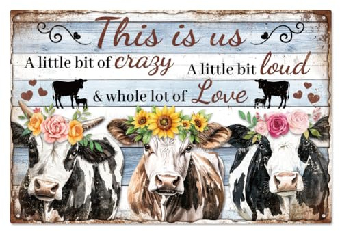 WADORN Vintage Kuh Metall Blechschild, 20x30cm Lustiges Retro Blechschild 'Cow This Is Us' Für Bauernhäuser Zuhause Und Kneipen Wandkunst Poster Plakette Für Kuhliebhaber Bauernhof Garten Kneipe Bar
