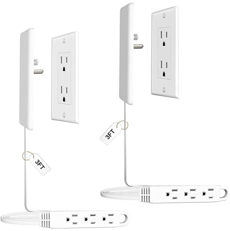 CABOCASA 2 Pack 3FT Flat Plug Extension Cord Power Strip with 3 Outlets, Patented Detachable Ultra-Thin Outlet Cover Concealer & Ultra-Flat Plug, Max. 13A 125V 1625W ETL Listed, White Color