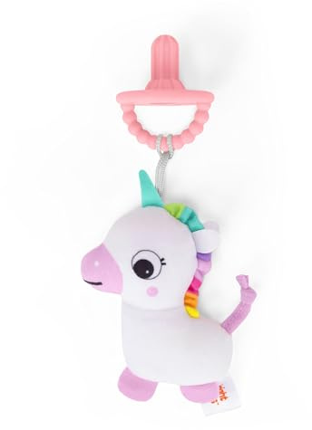 Bright Starts SootheMate Plüsch-Baby-Beißring, Einhorn - Abnehmbarer Beißring in Form eines Schnullers für Neugeborene und ältere Kinder