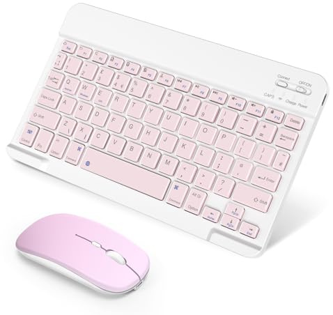 SOPPY Portable Bluetooth Keyboard and Mouse, Rechargeable Mini Wireless Keyboards for iPad/Air/Pro/SM Tablets/Lenovo Tab/iOS/Android/Windows, UK Layout (Pink)