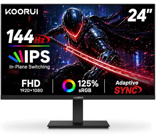 KOORUI E2411K Full HD 1920x1080P 144Hz IPS Computer Gaming Screen Ultra Thin Screen with HDMI VGA, Adaptive Sync, 99% SRGB, VESA 100x100mm, Eye Care, Tilt, Black, E2411K