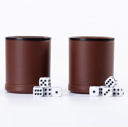 Orivin 2 Set Leather Round Corner Cylinder Brown Dice Cup with 5 Dice 9.5x8CM​