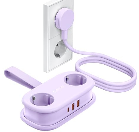 ORICO AP3 Reise Steckdosenleiste USB‑C PD 20W Lila | 2‑fach Schuko, 2x USB-A & 1x USB-C PD 20W, 2500W, 1,5m aufrollbares Kabel, platzsparend für Reisen, Zuhause & Büro