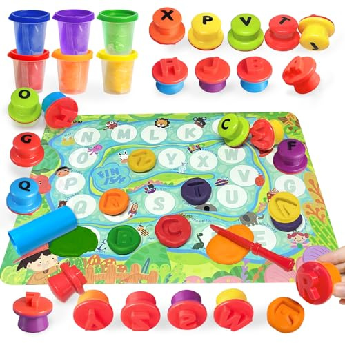 VBACALA Knete Set für Kinder, 35 Stück Knetezubehör & Werkzeuge mit 26 Buchstaben Stempeln, 6 Farben Knetmasse doppelseitiger Knetmatte, Lernspielzeug & knete ab 3 Jahre, Geschenk für Jungen & Mädchen