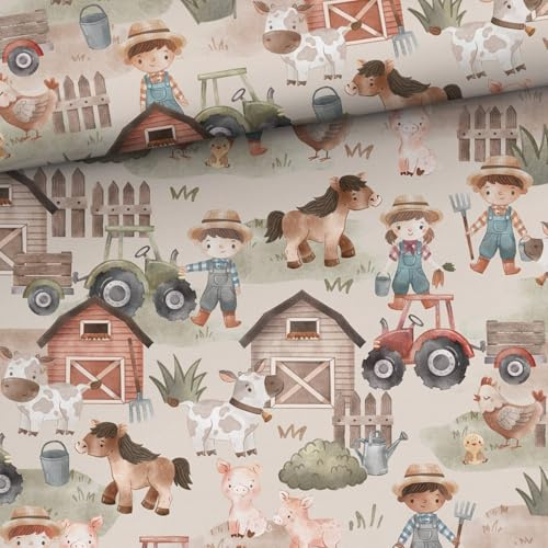 Bauernhof & Traktor Jersey Stoff in Meterware – hochwertige Tiermotiv Jerseystoffe, Tiere Kinderstoffe auf Beige, Baumwolljersey aus 92% Baumwolle, Stoffe zum Nähen für Baby & Kinder - je 50×160cm