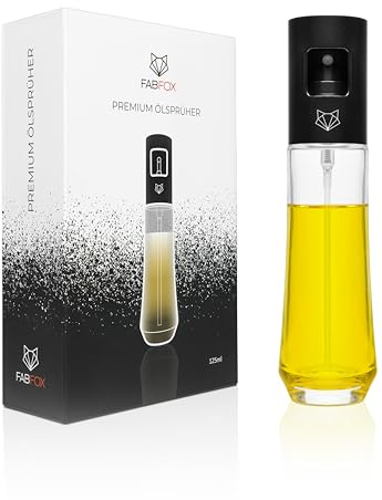 FabFox® Premium Ölsprüher – Öl Sprühflasche in modernem Design aus Edelstahl & Glas – Easy-Press-Button für präzise Dosierung & gesundes Kochen – Sprühflasche für Öl und Essig geeignet (Schwarz)