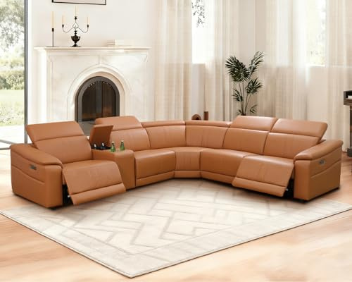 Caberryne Power Recliner Sectional Sofa for Living Room, Power Leather Corner Sectional Couch with Dual Recliners, 5-Seater L Shaped Couch with Storage Console/Cup Holders/30'' Super Wide Seat(Ginger)