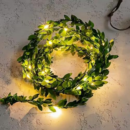 HHMTAKA 5M 50 LED Vines with Fairy Lights Battery Operated Ivy Fairy Lights Warm White Garland Light for Home Kitchen Garden Office Wedding Wall Decor (Green)