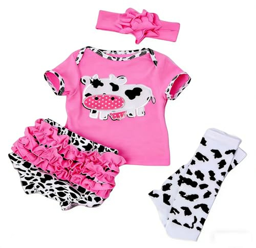 WEQNT Set di vestiti per bambole da 50 a 55 cm Reborn Baby Bambole, 4 pezzi con motivo mucca, body rosa con balze, scaldamuscoli e fascia, cotone, unisex