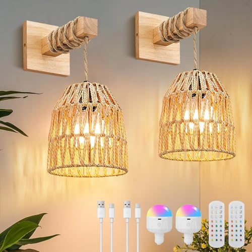 IRONDELIC Wandleuchte Innen Akku 2 Stück, 4000mAh Wandlampe Ohne Stromanschluss Dimmbar mit Fernbedienung, Boho Rattan Wandlampen RGB Farbwechsel Timer, Vintage Nachtlicht für Wohnzimmer Schlafzimmer