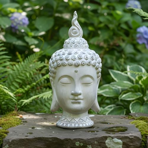 Dekoleidenschaft Buddha Figur Relax Gartendeko aus Magnesiumoxid, braun/weiß gekalkt, Buddha Kopf 32 cm groß