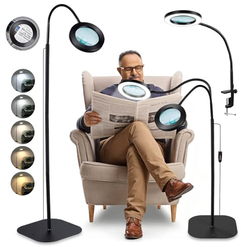 Standlupe mit Licht, 3 in 1 Leselupe mit Licht für Senioren Groß, 5 Farbmodi, Dimmbar, 10X/20X Echte Glaslinsen, Lupe mit Ständer Klemme & Standfuss, LED Lupenlampe für Lesen Nähen Basteln Feinarbeit