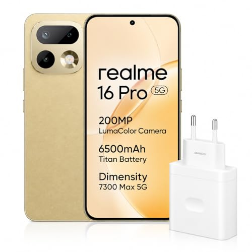 realme 16 Pro Smartphone 8+256GB, MediaTek Dimensity 7300 MAX, 6,78 144Hz AMOLED, 200MP OIS cámara con AI, 6500mAh, 45W Carga Ultra rápida, Dual SIM, Dorado, Cargador Incluido(Versión EU)