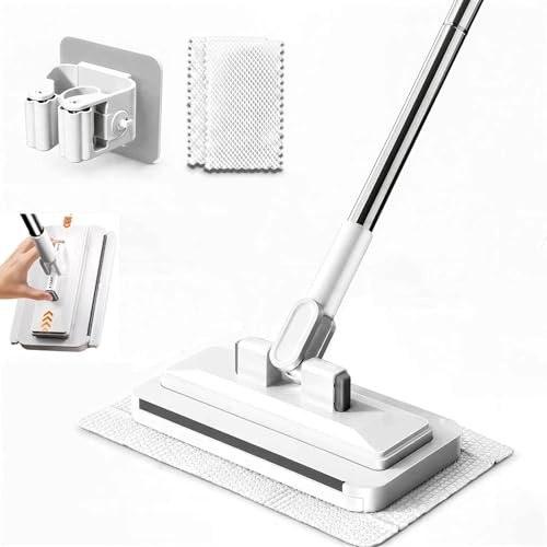 Growalleter Hands-Free Flat Mop with Clip, 2 Cloths, One-Click Cloth Change | 360° swivel head, slim head for tight gaps, wet & dry use on floors, walls & mirrors, built-in squeegee, wall storage