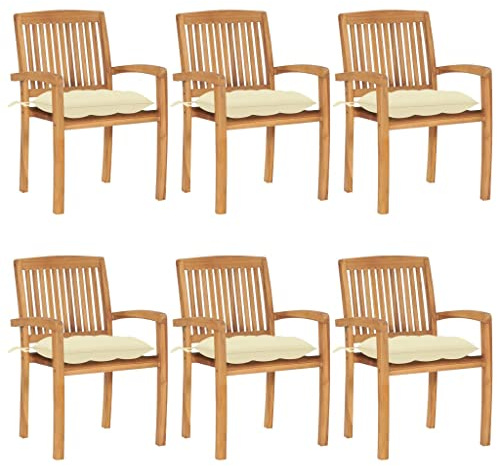 YuuSsea Stapelbara trädgårdsstolar med kudde 6 st. Teak i massivt trä, väderbeständig, utrymmesbesparande, med armstöd och stoppning, perfekt för balkong, terrass, utomhus och camping