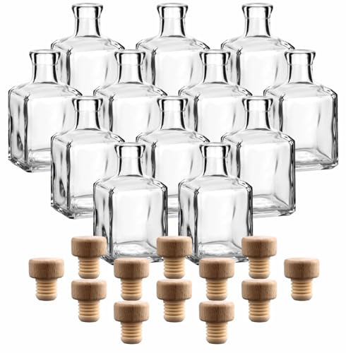 gouveo 12er Set Glasflasche 250 ml Cube mit Korken (HGK) - Schöne Flasche 0,25 l zum Befüllen - Eckiges Fläschchen für Likör, Gin, Schnaps, Öl, Vase (CFET250HGK)