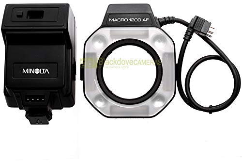 Minolta flash anulare macro 1200AF con control Unit per fotocamere. Closeup.