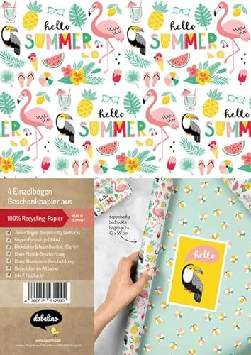 Geschenkpapier-Set für Kinder: Tropische Tiere, Sommer-Geburtstag - 4x Einzelbögen + 1x Postkarte