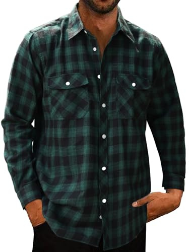Halfword - Camicie a quadri da uomo, in flanella, stile casual, a quadri, in cotone, con bottoni, a maniche lunghe, vestibilità ampia, con colletto, per autunno inverno, verde-nero, XXL