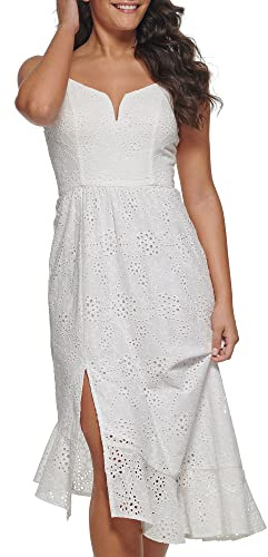 GUESS Damen Asymmetrisches Midikleid aus Baumwolle mit Ösen Cocktailkleid, Weiss/opulenter Garten, 36