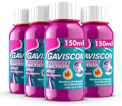 Gaviscon Double Action Liquid, Mint, 4 X 150ml, Total of 600ml, Heartburn Liquid, Indigestion Relief, Stomach Acid Relief, Gerd, Acid Reflux, Suitable for Pregnancy, Lasts Up to 4 Hours, Antacids