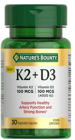Nature’s Bounty Vitamin D3 K2 Supplement, 4000 IU Vitamin D3 plus 100 mcg of Vitamin K Supplements for Adults for Heart & Bone Health Support, 30 Day Supply, 30 Vegetarian Capsules