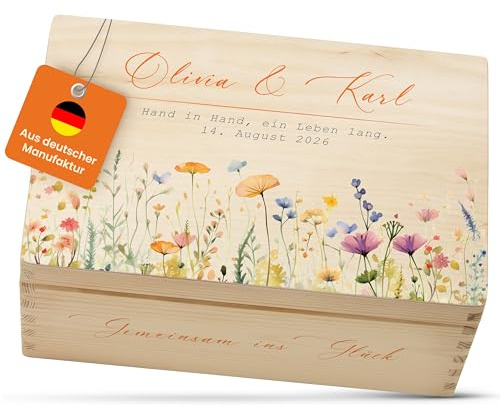 Amari ® Personalisierte Erinnerungsbox aus Holz | Blumenwiese (001.08) | Individuelles Hochzeitsgeschenk Erinnerung Hochzeit Personalisiertes Holzkiste