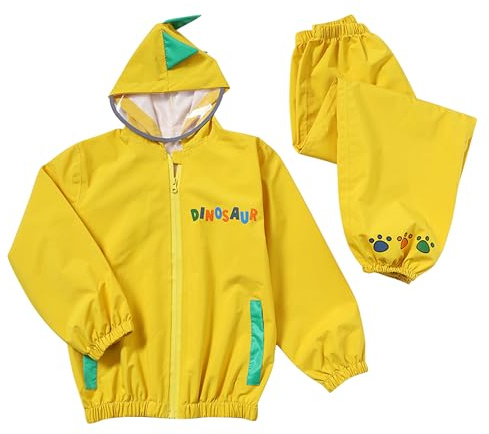 Dioshark Kids Boys Waterproof Suit Hooded Yellow Rain Jacket & Trousers Set with Dinosaur Pattern and Reflective Strip Breathable Outdoor Mud Proof Coat and Pants Suit Puddle Suit for Age 2-3 Years