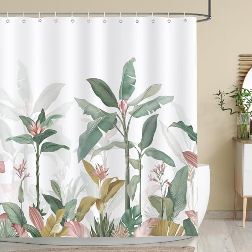 Bonhause Duschvorhang 180 x 180 cm Anti-Schimmel Duschvorhänge Tropische Blätter Pflanzen Shower Curtain Wasserdicht Polyester Stoff Waschbar Bad Vorhäng für Badzimmer mit 12 Haken