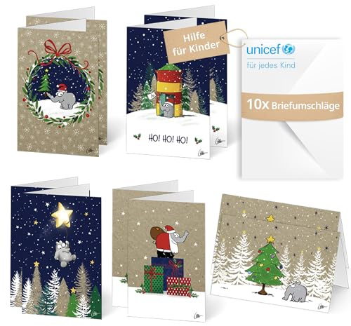Unicef Weihnachtskarten Set Ottifanten | 10 Klappkarten mit Umschlägen